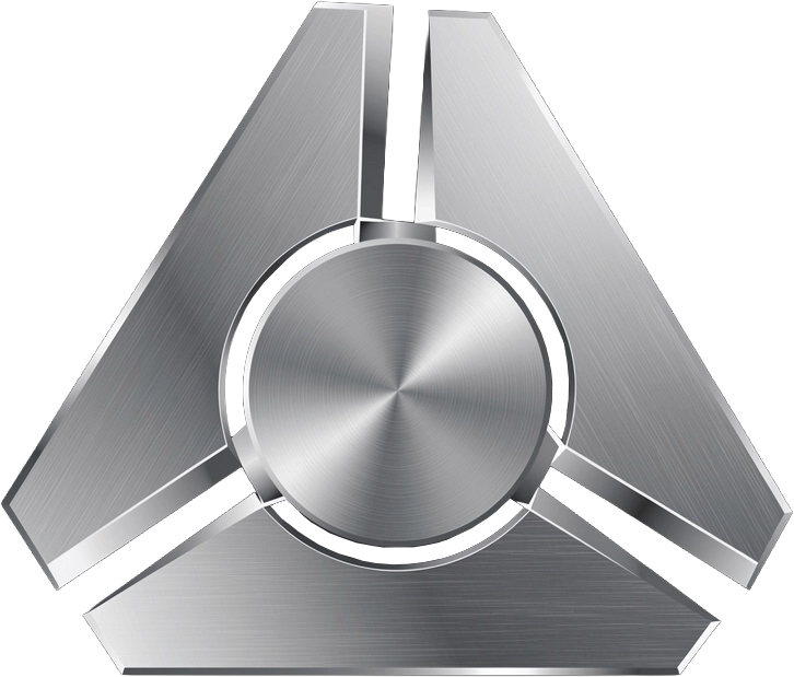 Silbernes, dreiteiliges Metallsymbol, das an einen Propeller erinnert.