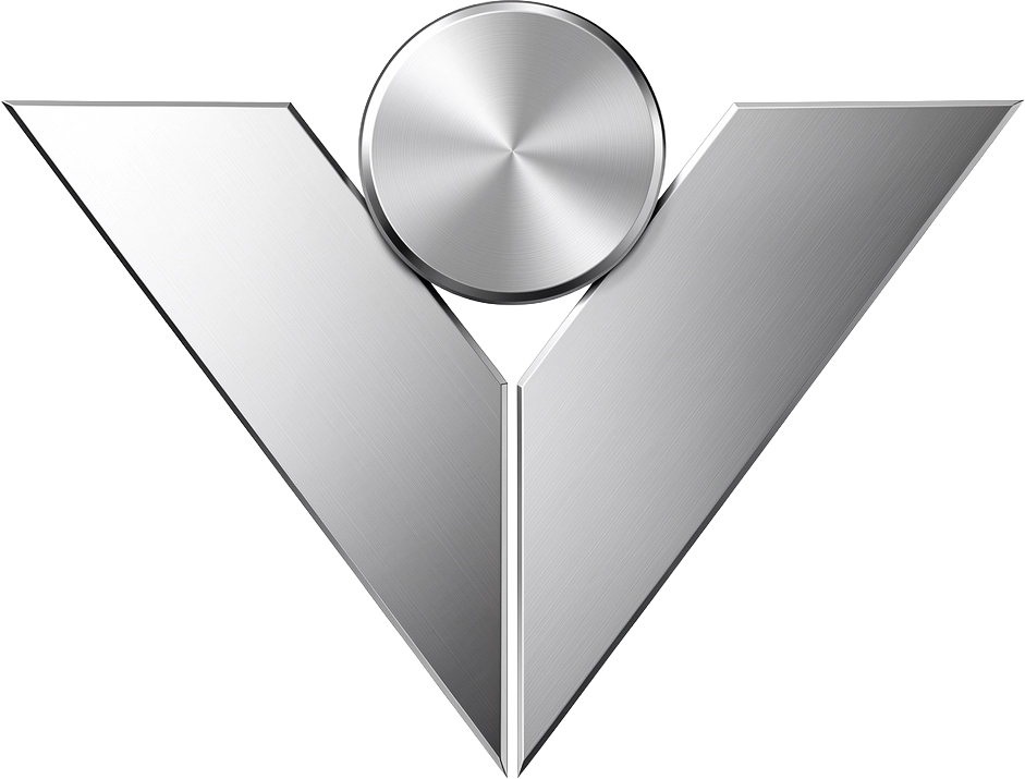 Nahaufnahme des silbernen, V-förmigen Metall-Logos.