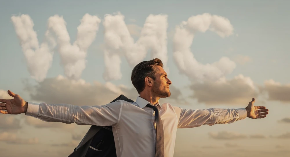 Mann im Anzug blickt in den Himmel, die Wolken formen den Schriftzug „WMC“.