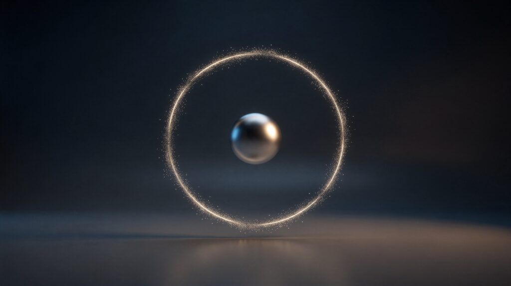 Eine schwebende Metallkugel in einem leuchtenden Ring in einem dunklen Raum.