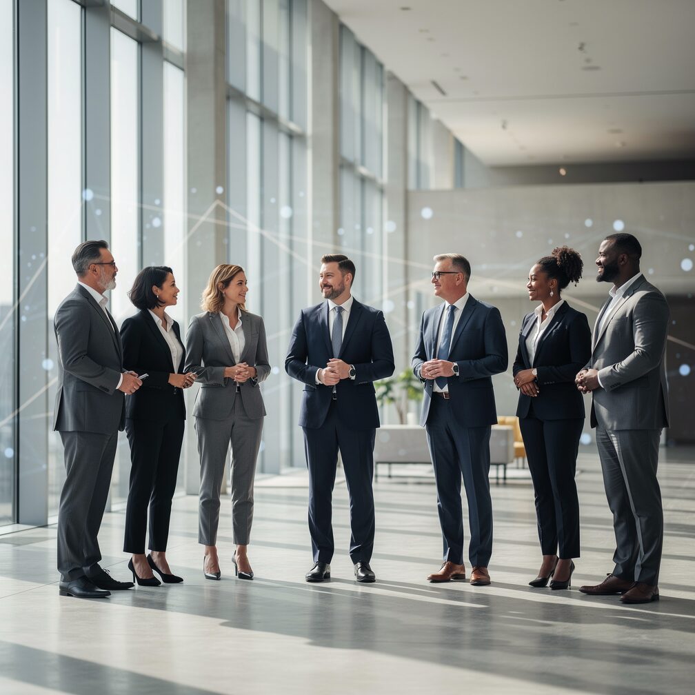 Eine Gruppe von Geschäftsleuten steht im Kreis in einem hellen Büroflur.