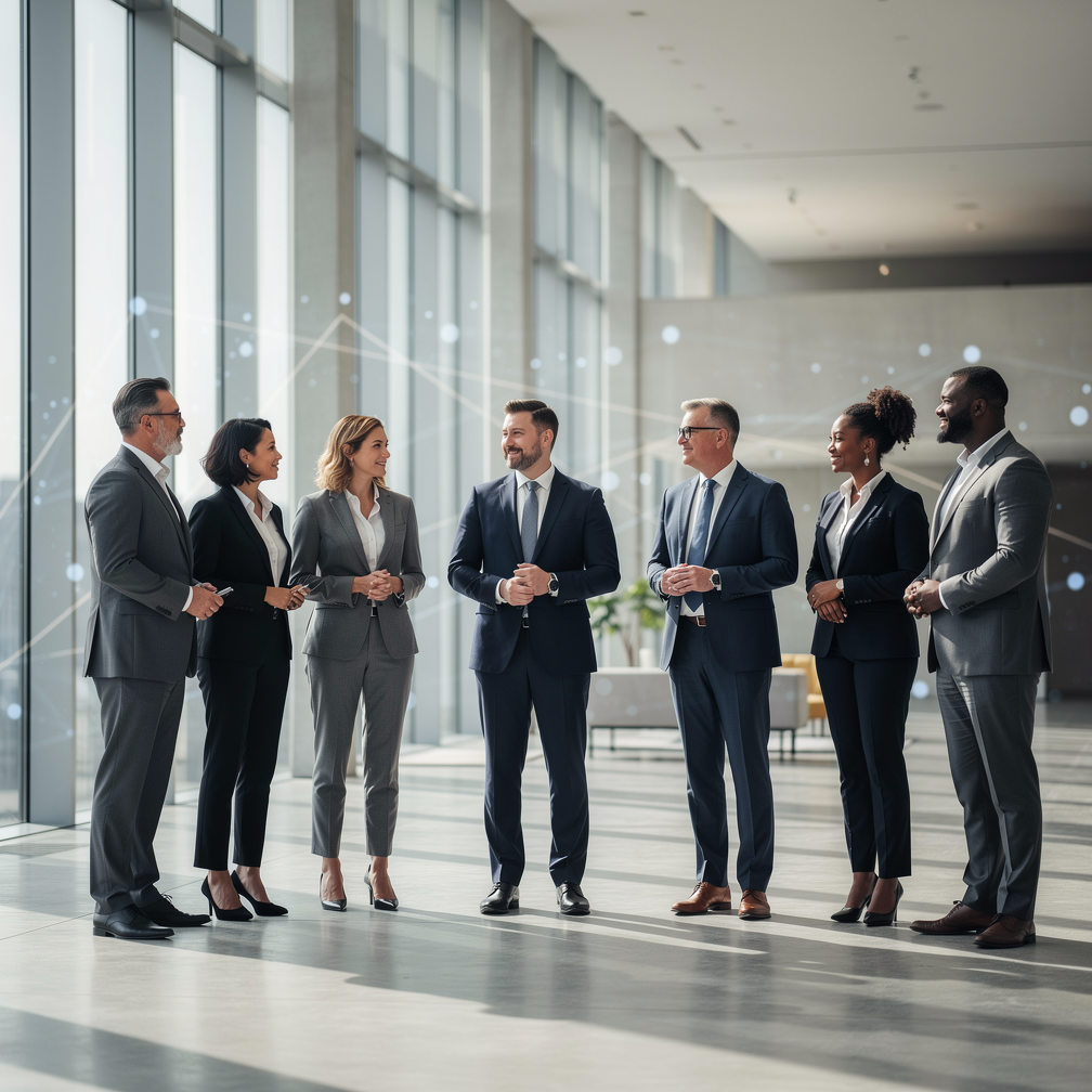 Eine Gruppe von Geschäftsleuten steht im Kreis in einem hellen Büroflur.