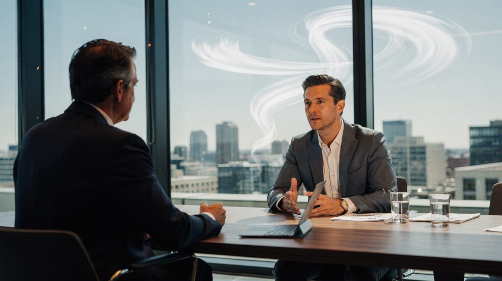 Zwei Männer sitzen sich in einem modern verglasten Büro gegenüber.