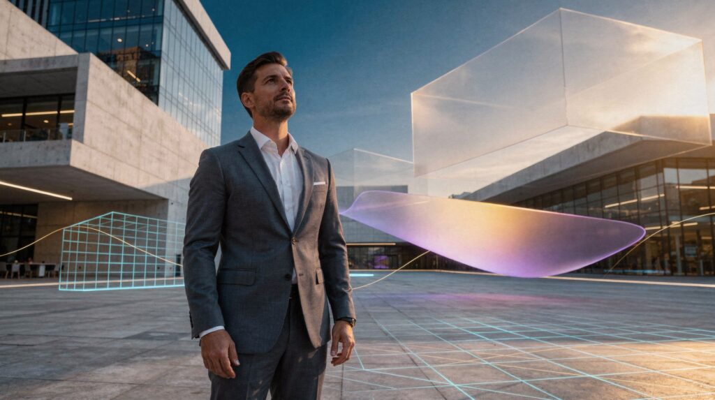 Geschäftsmann blickt nach oben vor einer modernen, geschwungenen Fassade.