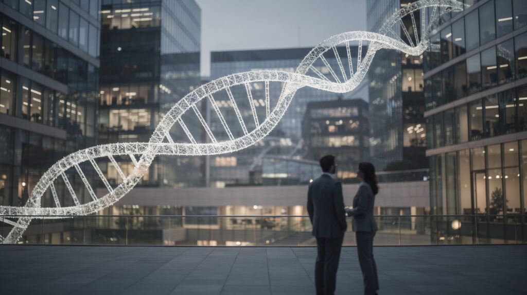Zwei Personen blicken auf eine futuristische DNA-Struktur vor einer Skyline.